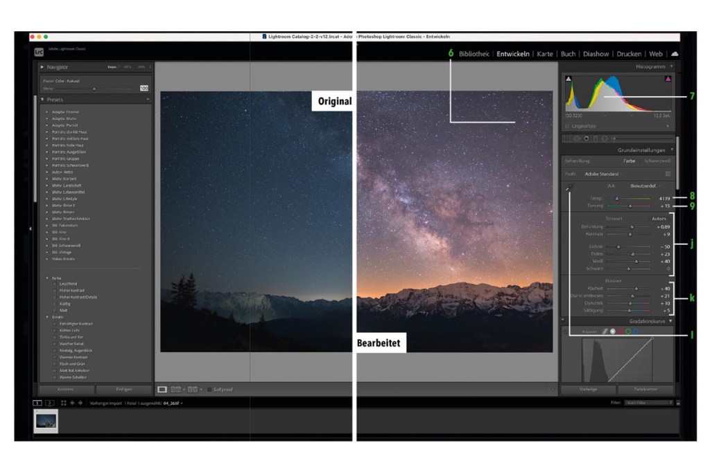 Das Adobe-Lightroom-Programm geöffnet auf einem MacBook Pro Bildschirm auf dem die Grundeinstellungen zu sehen sind. 