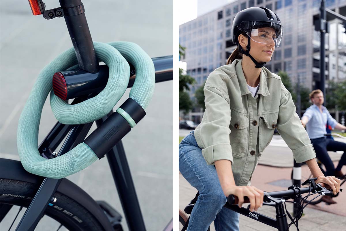 Zweigeteiltes Bild: links:fahrradschloss goose Lock um einen Fahrradrahmen gewickelt, rechts eine Frau mit Fahrradhelm Hud-Y Ace