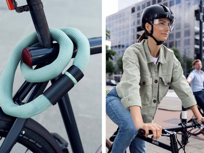 Zweigeteiltes Bild: links:fahrradschloss goose Lock um einen Fahrradrahmen gewickelt, rechts eine Frau mit Fahrradhelm Hud-Y Ace