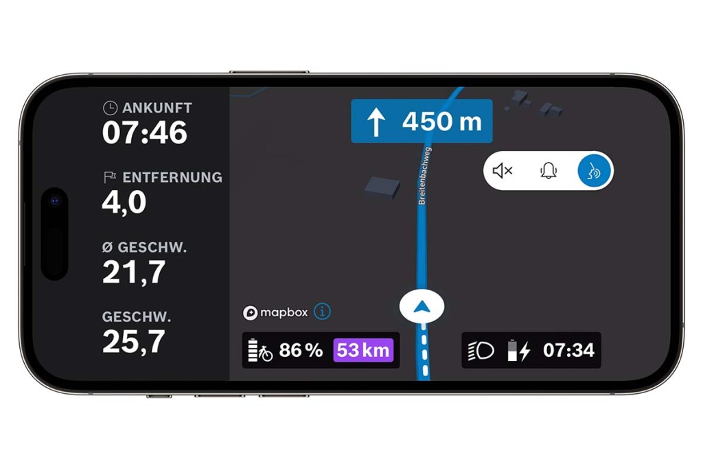 Smartphone-Bildschirm, auf der die eBike Flow App mit Navigation von Bosch geöffnet ist