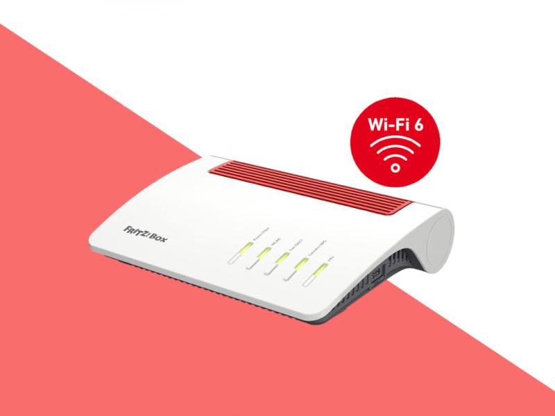 Rot weiße Fritz!box auf rot weißem Hintergrund mit rotem Button WiFi 6