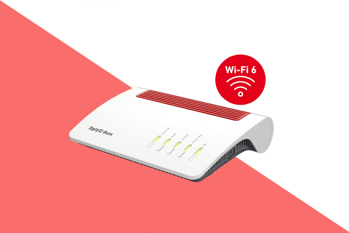 Rot weiße Fritz!box auf rot weißem Hintergrund mit rotem Button WiFi 6