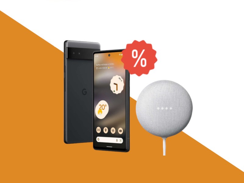Dunkles Google Pixel 6a von vorne und hinten neben rundem weißen Gerät auf weiß orangenem Hintergrund mit rotem Prozentzeichen mittig
