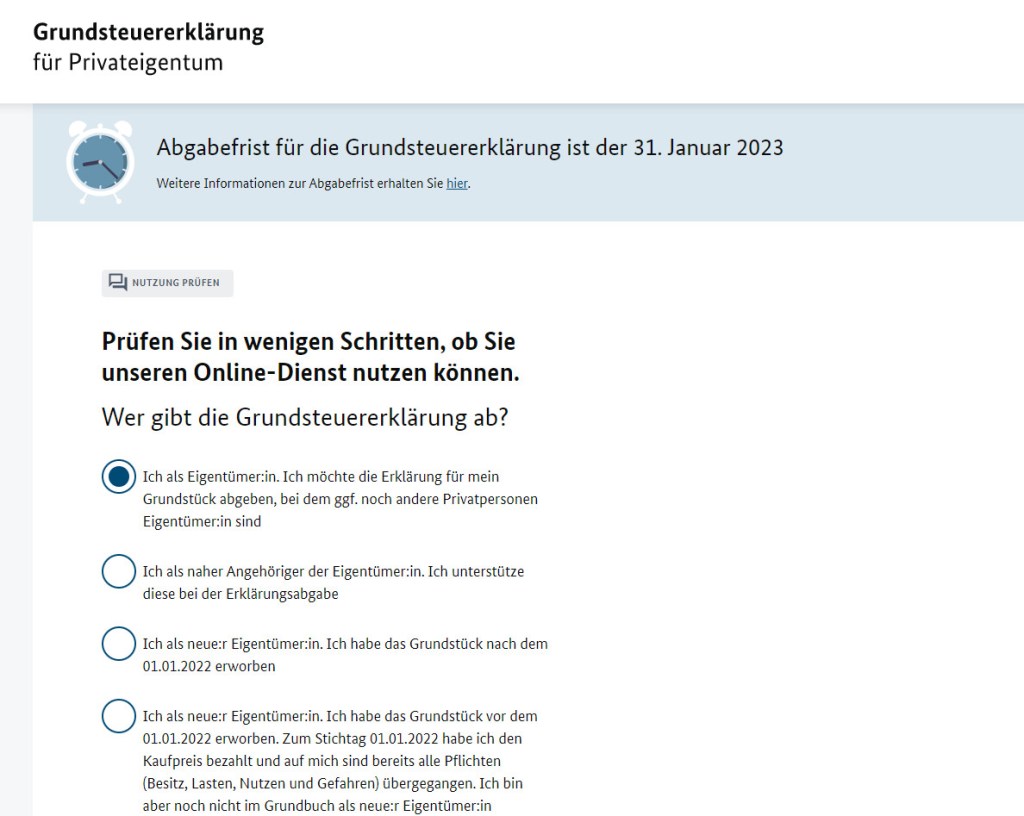 Screenshot Grundsteuererklärung Finanzamt Auswahl Antworten Besitzer