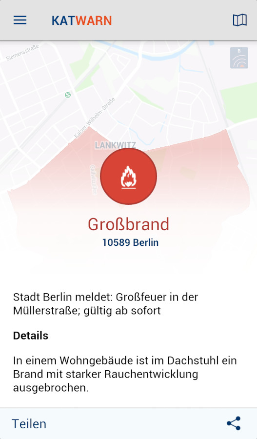 Screenshot der KATWARN App zeigt Großbrand-Meldung in Berlin