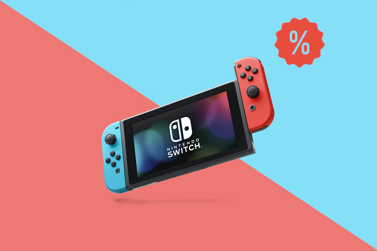 Nintendo Switch schräg in der Luft auf blau rotem Hintergrund mit rotem Prozentzeichen rechts oben