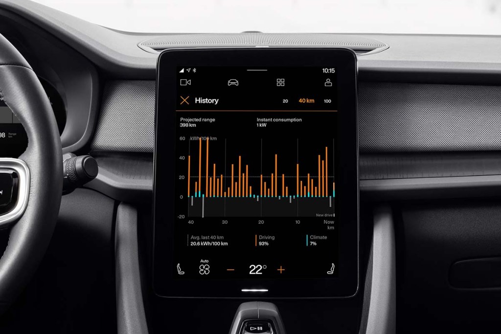 Detailaufnahme Innenraum Polestar 2, zeigt den Multimedia-Bildschirm mit RangeAssistentApp