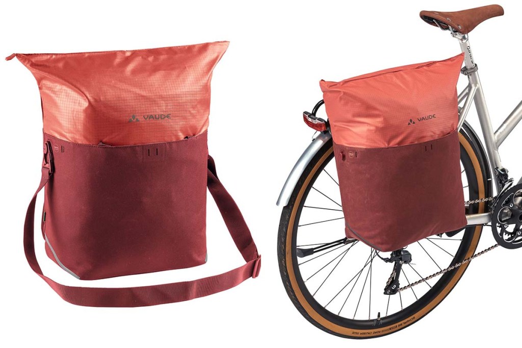 zwei Productshots: Fahrradtasche CityShop von Vaude, einmal die Tasche ansich links im Bild, recht sie Tasche an einen Fahrradgespräckträger geklemmt