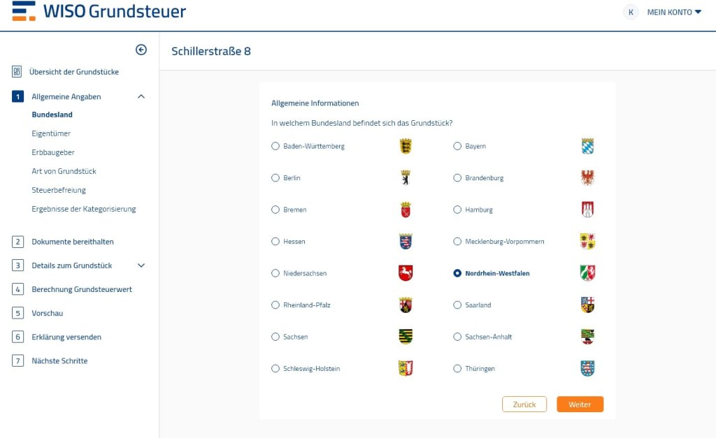 Screenshot von WISO Grundsteuer mit Auswahl von Bundesländern