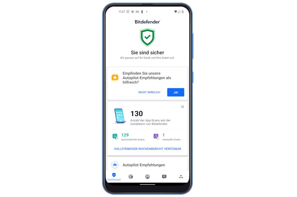 smartphone mit geöffneter Bitdefender App die grünen Haken zeigt