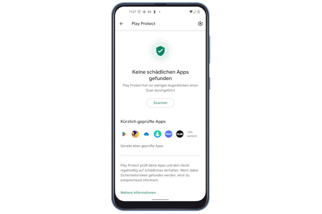 Smartphone zeigt geöffnete Play Protect App mit grünem Haken