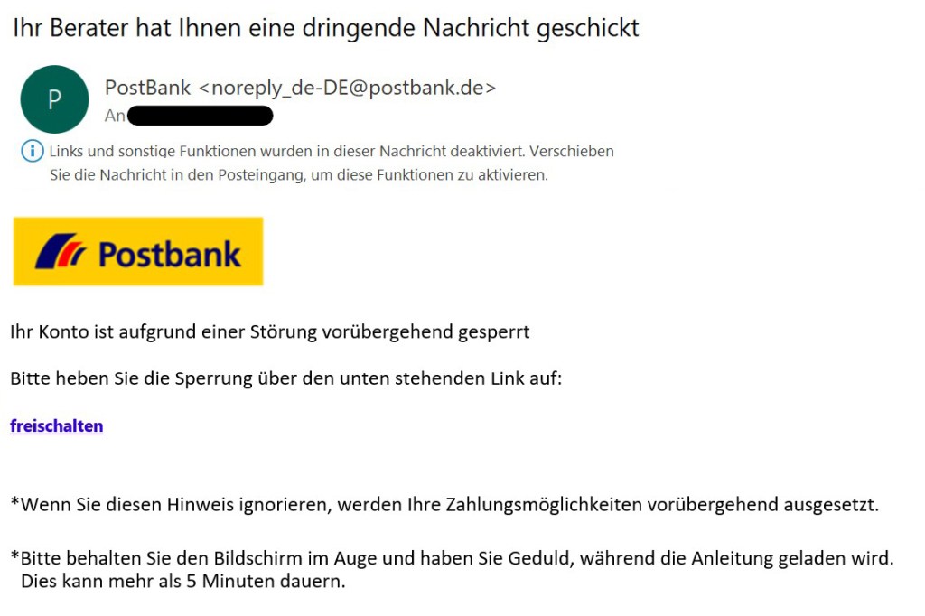 Screenshot von Mail mit Postbank Logo