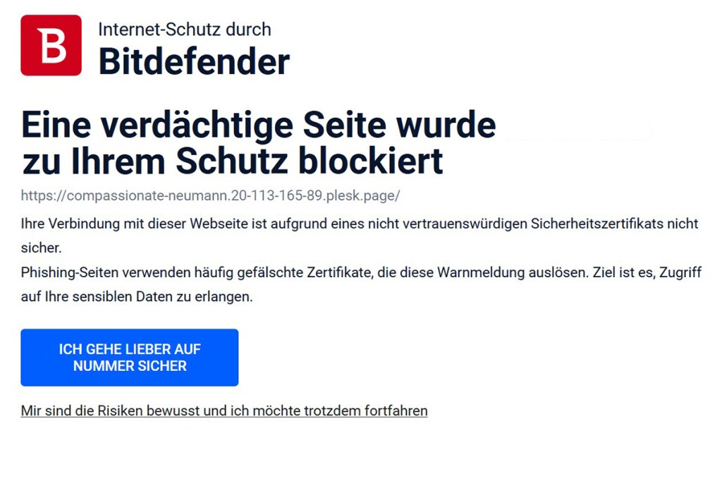 Screenshot von Bitdefender Meldung über blockierte Seite