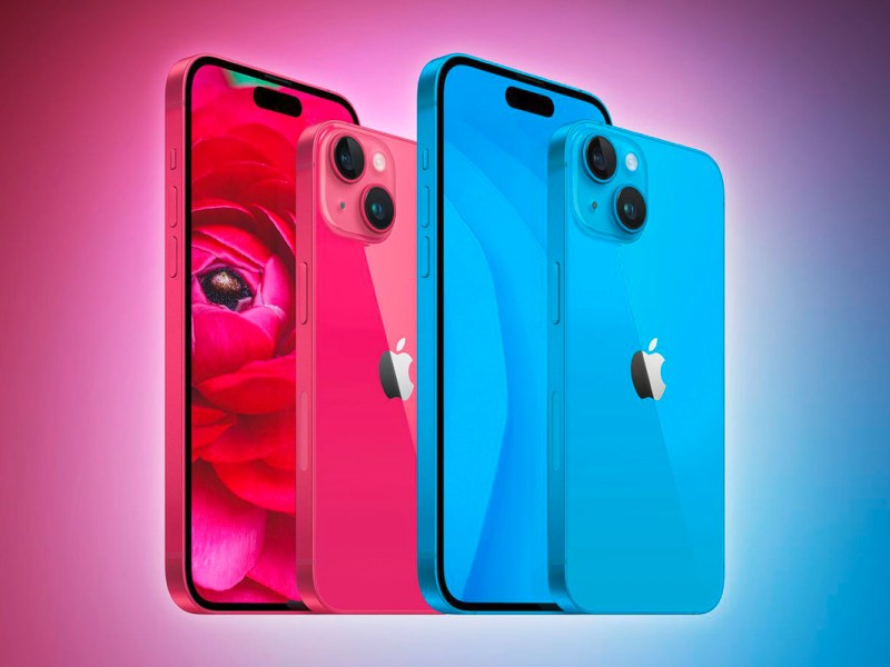 iPhone 15 Modelle in rosa und blau vor einem gefärbten Hintergrund.