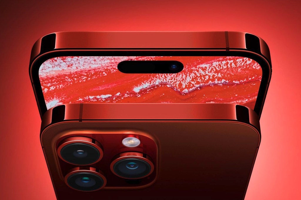 Ein rotes iPhone 15 vor einem roten Hintergrund.