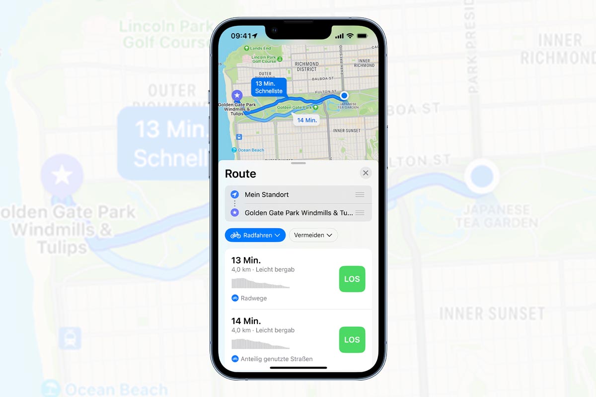 iPhone mit geöffneter Route für das Fahrrad