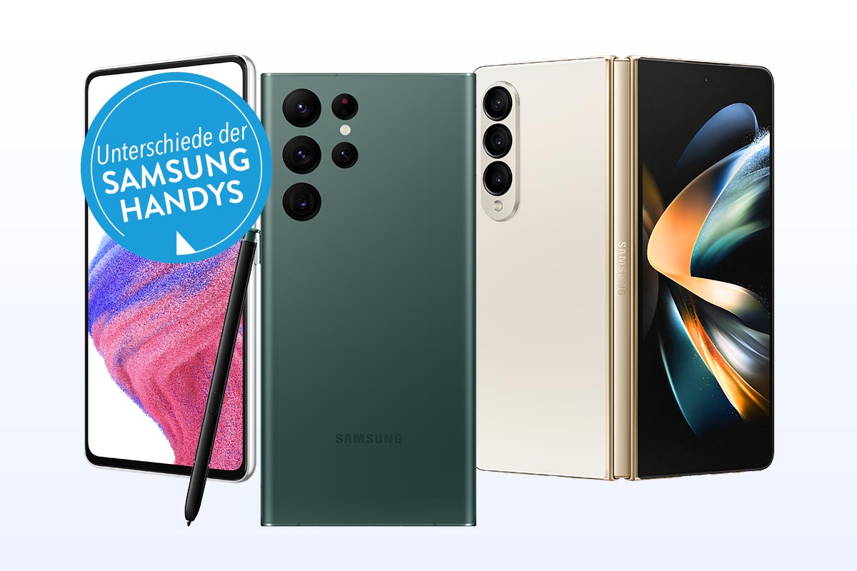 Drei Samsung-Smartphones von vorne und hinten neben einander auf weißem Hintergrund mit blauem Button "Unterschiede der Samsung Handys" links oben