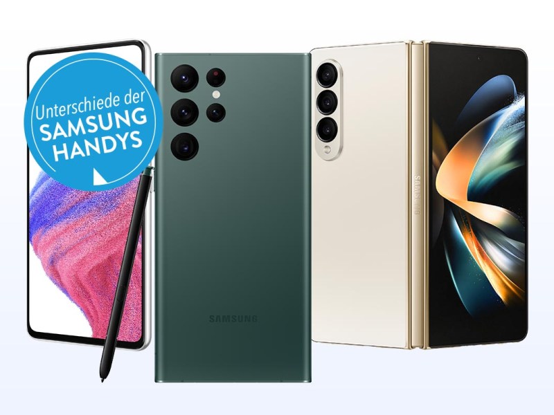 Drei Samsung-Smartphones von vorne und hinten neben einander auf weißem Hintergrund mit blauem Button "Unterschiede der Samsung Handys" links oben