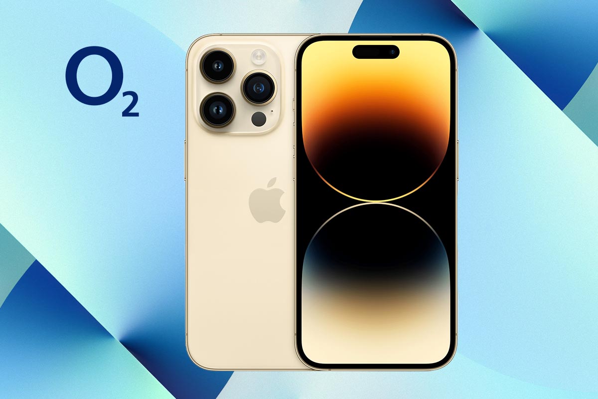 champagnerfarbenes iPhone 14 Pro vor blauem Hintergrund mit O2-Logo