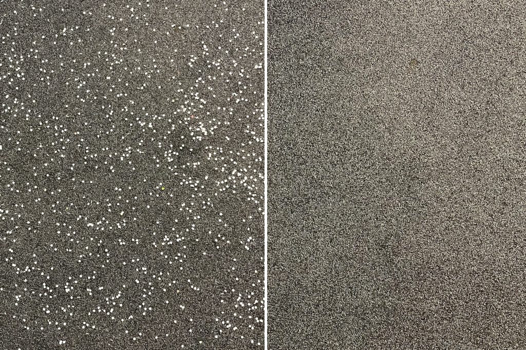 Vergleichsbild dunkler Teppich links sauber, rechts mit weißem Konfetti
