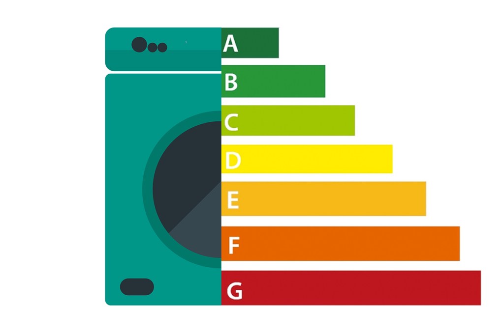 Ein zweigeteiltes Bild mit schematischen Wäschetrockner und Energielabel-Skala.