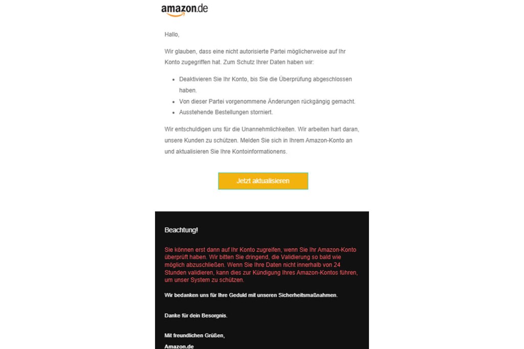 Eine Phishing-Mail an die Amazon-Kundschaft