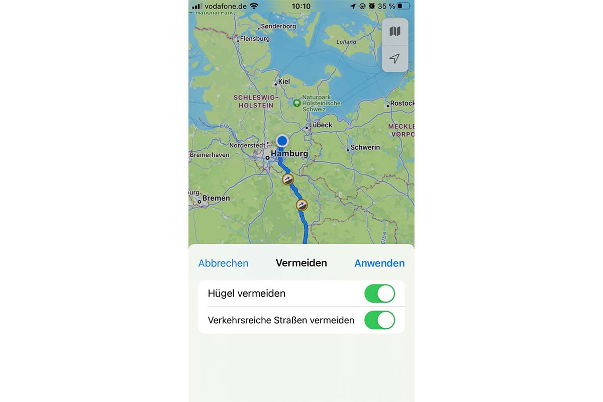Screenshot Apple Maps "Hauptstraße meiden"