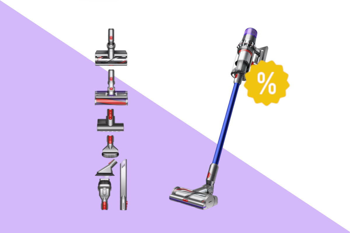 Dyson V11 blauer Akkusauger schräg von vorne mit sämtlichen Düsen daneben auf weiß lila Hintergrund und gelben prozentzeichen rechts oben