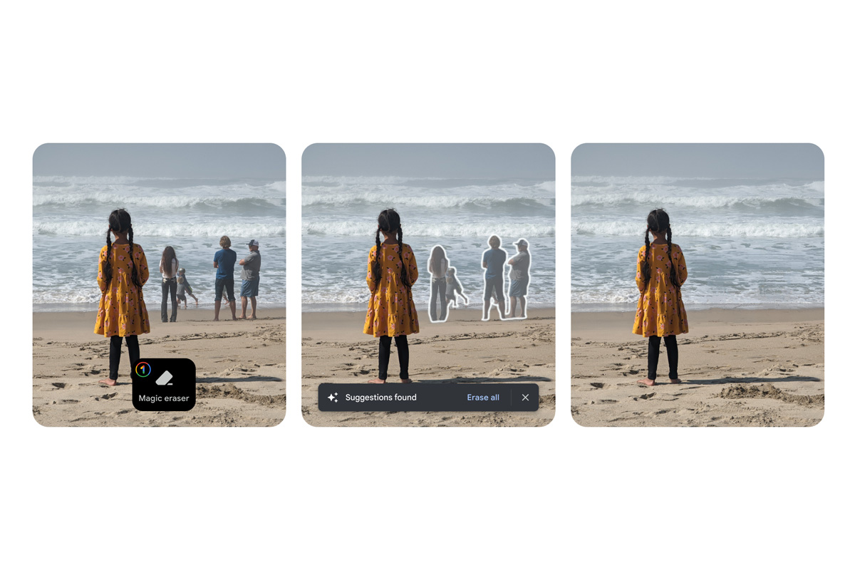 Drei Bilder von einem Mädchen am Strand, Menschen im Hintergrund werden herausgeschnitten.