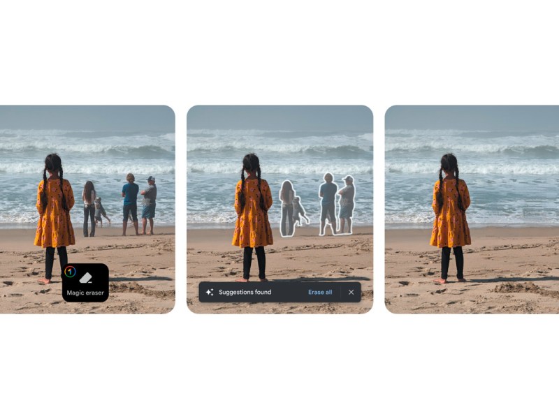 Drei Bilder von einem Mädchen am Strand, Menschen im Hintergrund werden herausgeschnitten.