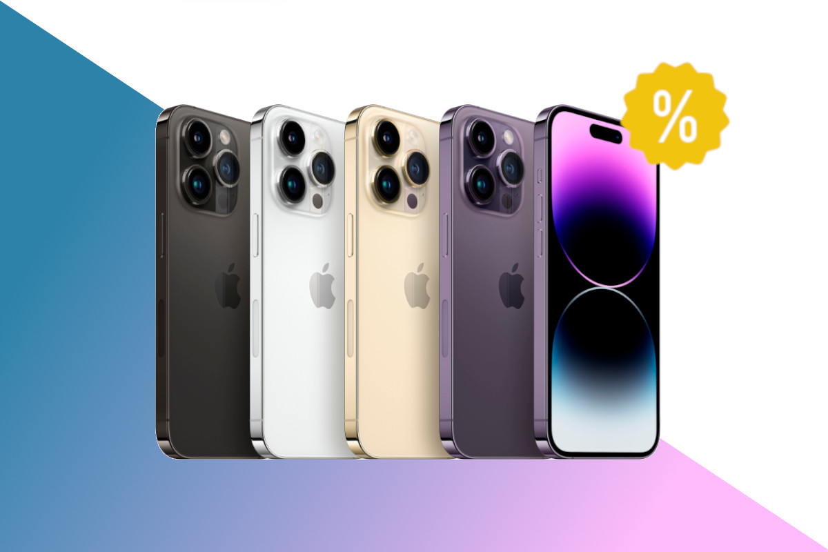 iPhone 14 Pro in vier verschiedenen Farben schräg von hinten aufgereiht und einmal von vorne mit lila dunklem Bildschirm auf weißem Hintergrund mit blau rosa Farbverlauf unten und gelben Prozentzeichen oben rechts