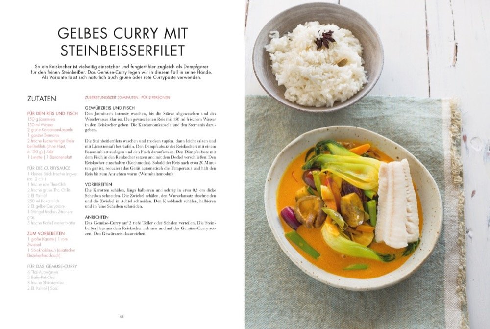 Doppelseite aus Rezeptbuch mit links Bild von Curry und rechts Beschreibung