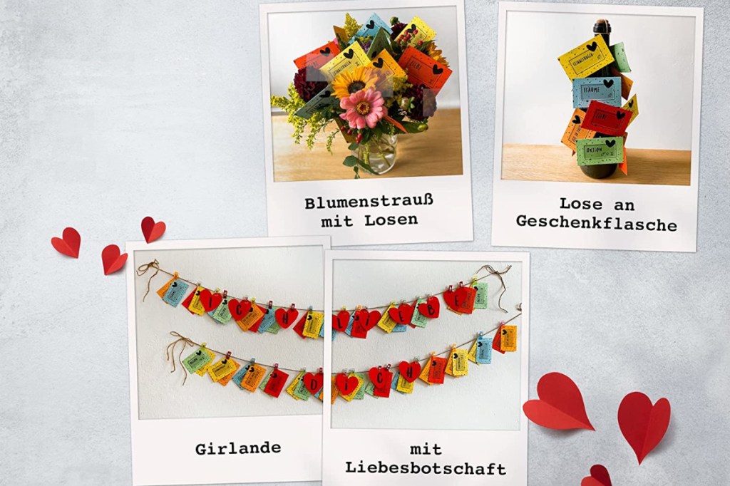 Vier Polaroid-Fotos in zwei Reihen zeigen bunte Papierzettel als Girlande, Blumenstrauß angeordnet auf grauem Hintergrund mit fünf roten papierherzen