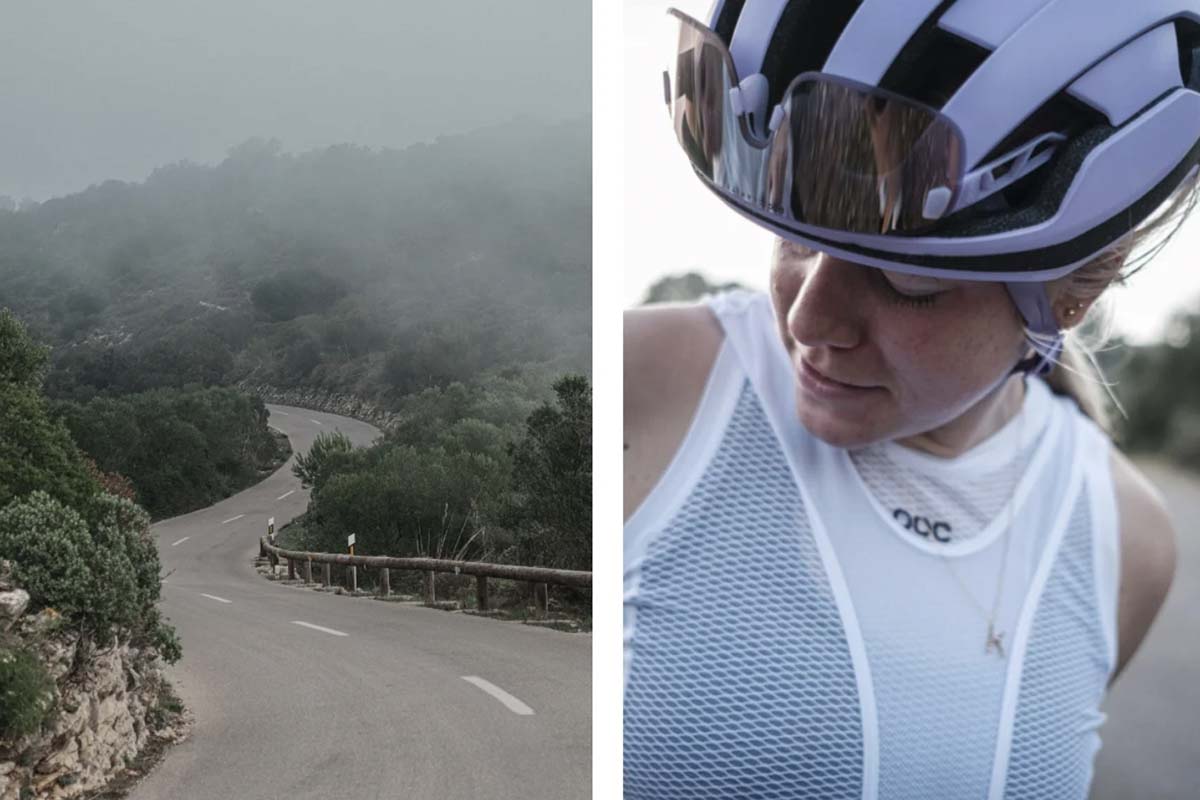 zweigeteiltes Bild: links einsame Fahrradstrecke mit Wald drumrum, rechts Frau mit neuem Helm von Poc