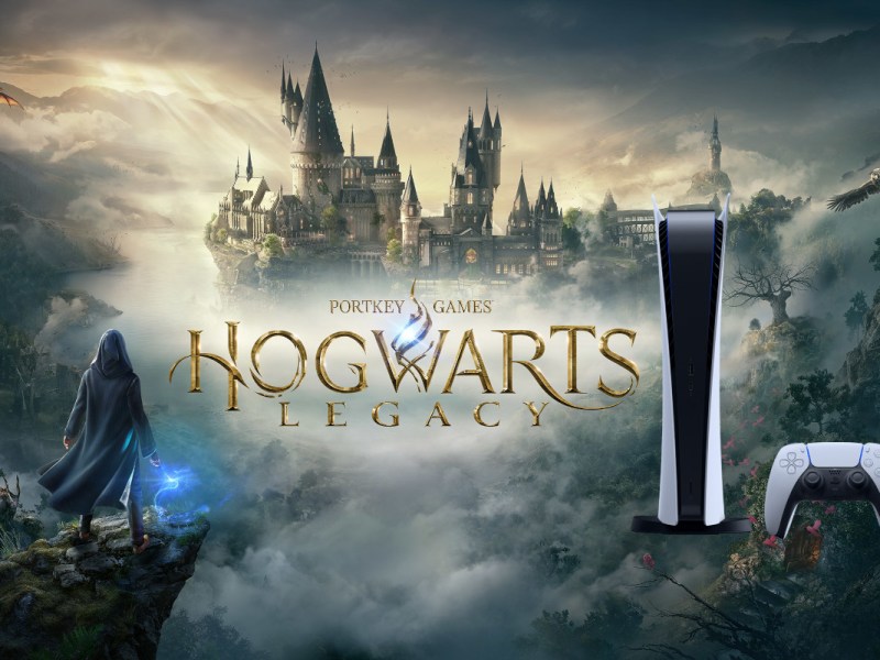 Hogwarts Legacy Spiel Wallpaper mit PlayStation 5 und Controller klein raufmontiert