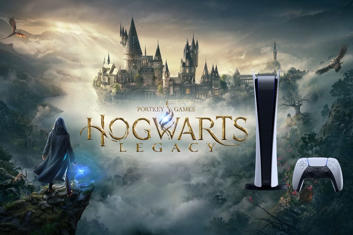Hogwarts Legacy Spiel Wallpaper mit PlayStation 5 und Controller klein raufmontiert