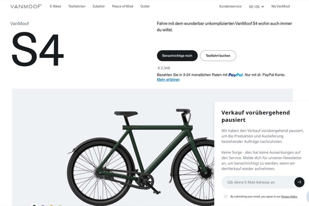 Homepage von VanMoof, Modell S4 mit Information, dass Verkauf vorrübergehend gestoppt ist