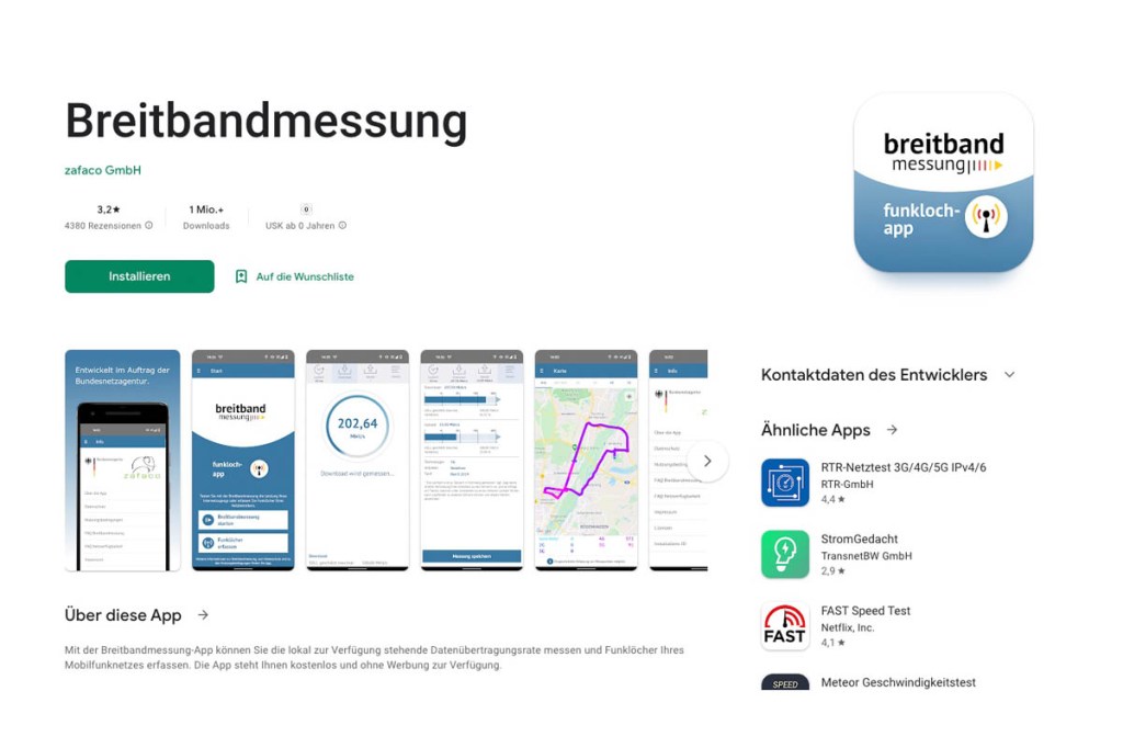 Screenshot der Breitbandmessung-App im Playstore