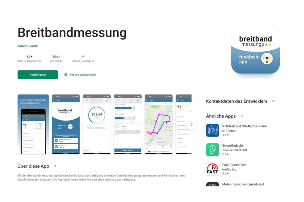 Screenshot der Breitbandmessung-App im Playstore