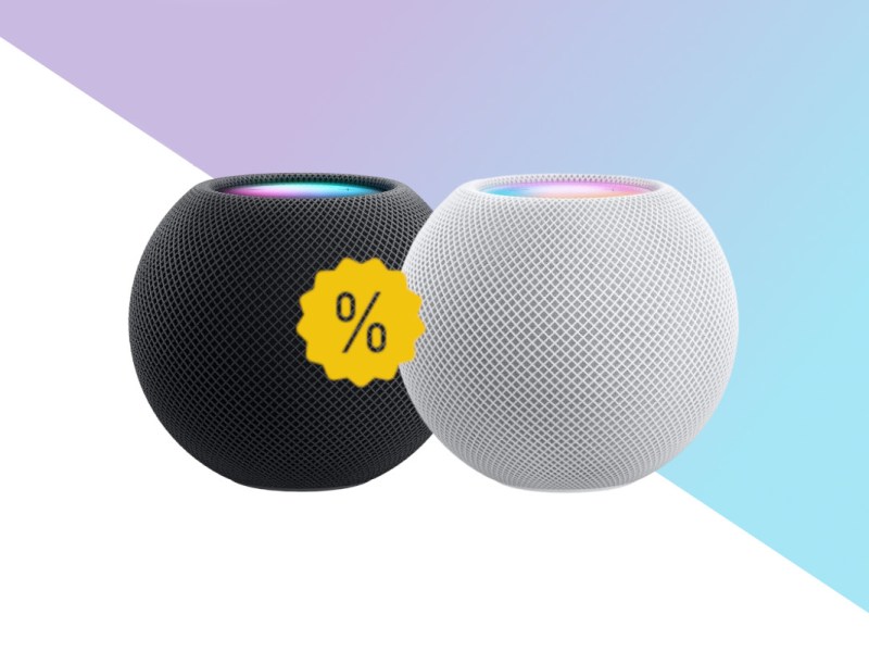 Schwarze und weiße Apple HomePod Kugeln nebeneinander auf weißem Hintergrund mit lila türkisem Farbverlauf oben und gelben Prozentzeichen mittig