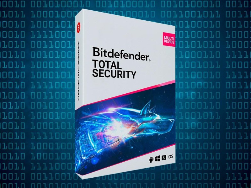 Verpackung von Bitdefender Total Security auf blauem Hintergrund