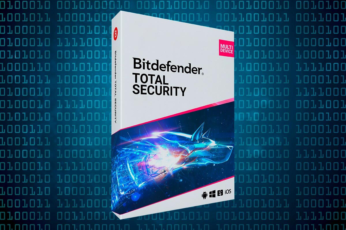 Verpackung von Bitdefender Total Security auf blauem Hintergrund