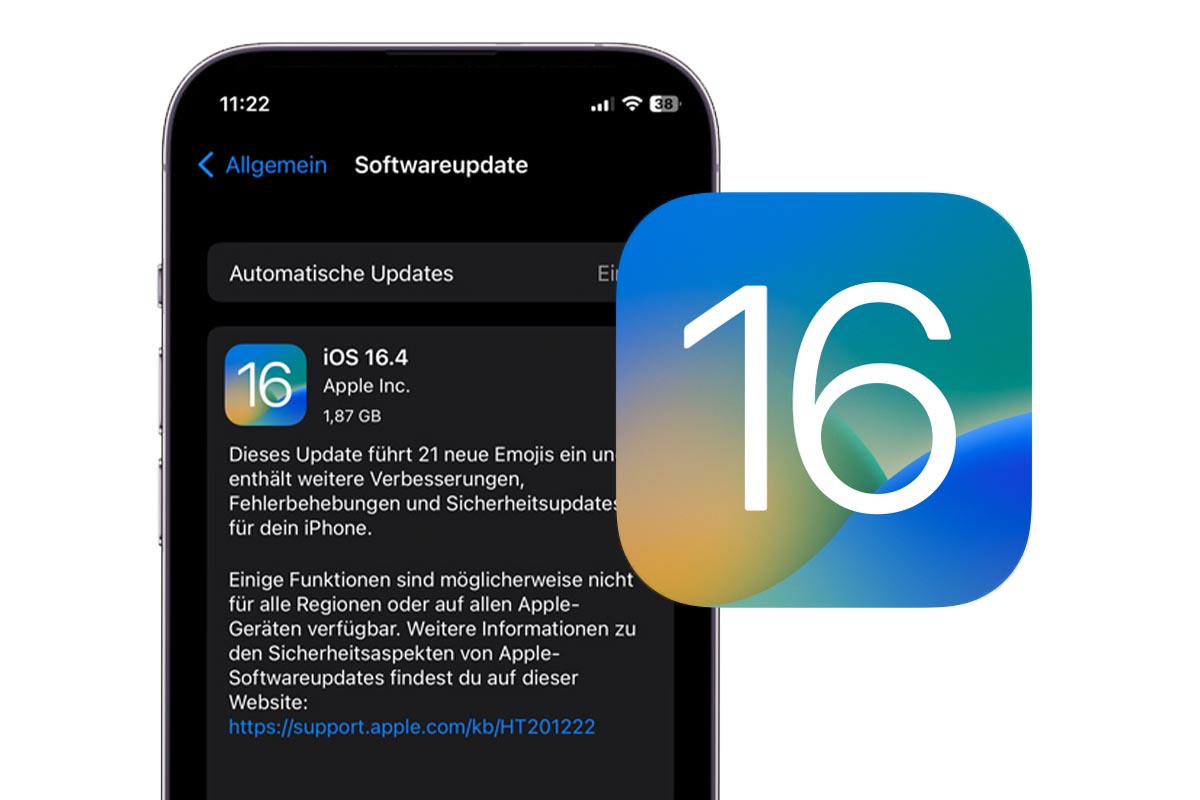Smartphone mit Infobox zum iOS 16.4 Update