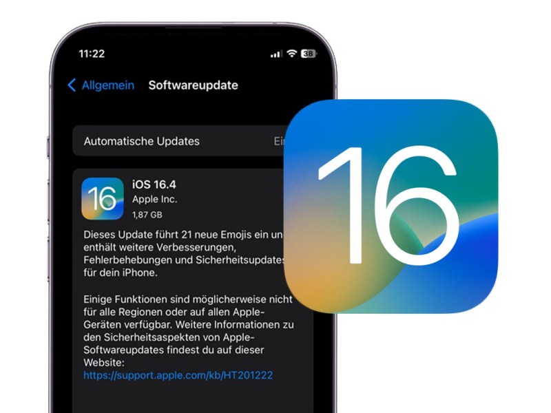 Smartphone mit Infobox zum iOS 16.4 Update