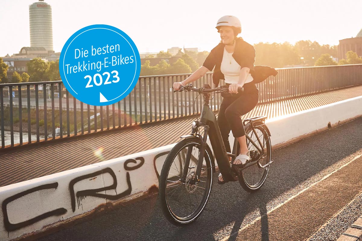 Frau auf einem Trekking-E-Bike auf einer Straße