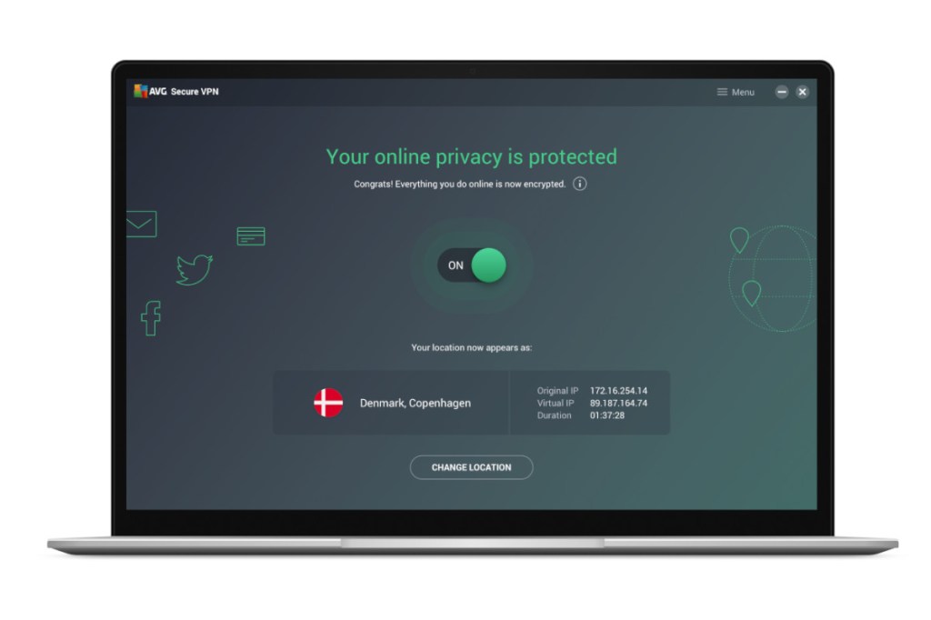 Aufgeklapptes Notebook zeigt dunkel grünes Fenster von VPN-Service