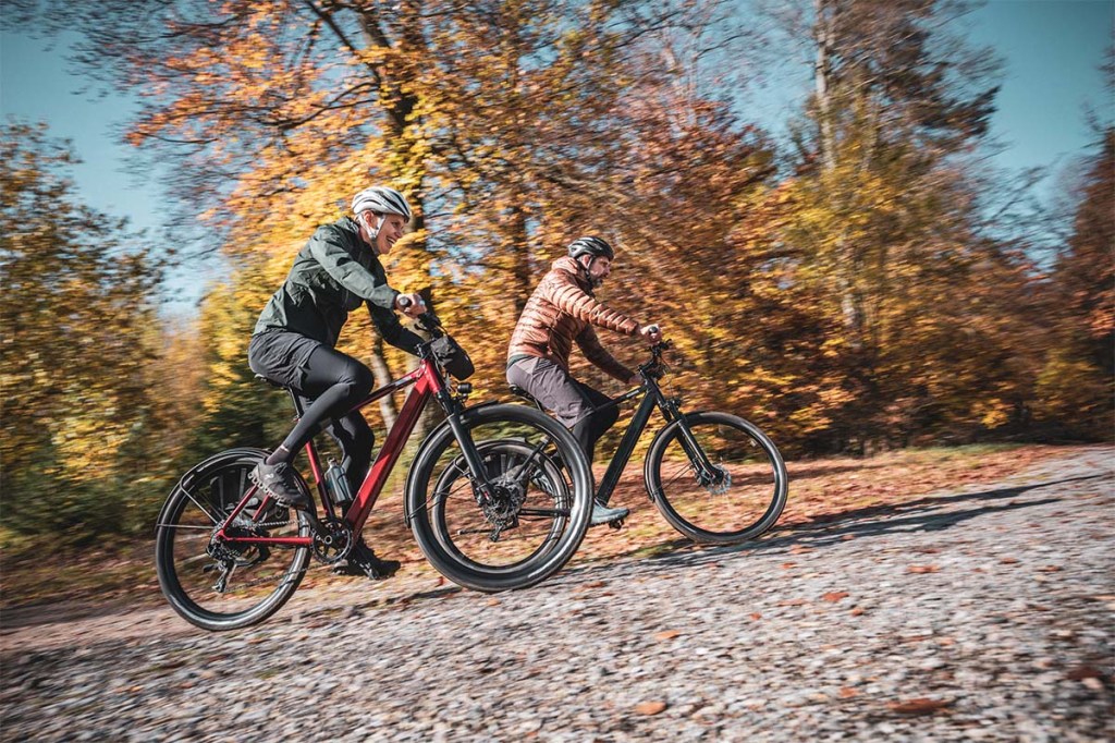 zwei menschen fahren mit ihrem E-Bike Iseo von Coboc durch den Wald
