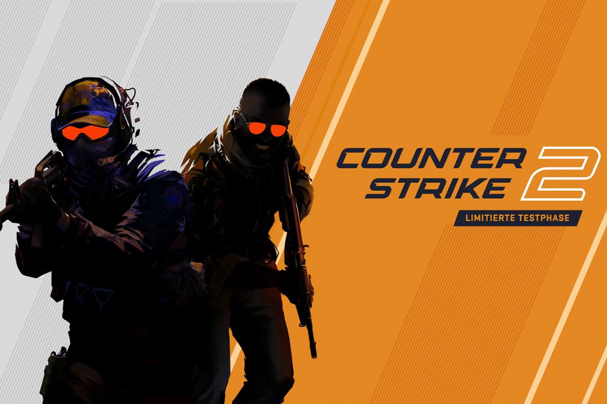 Zwei Charaktere stehen neben dem offiziellen Logo von Counter-Strike 2.
