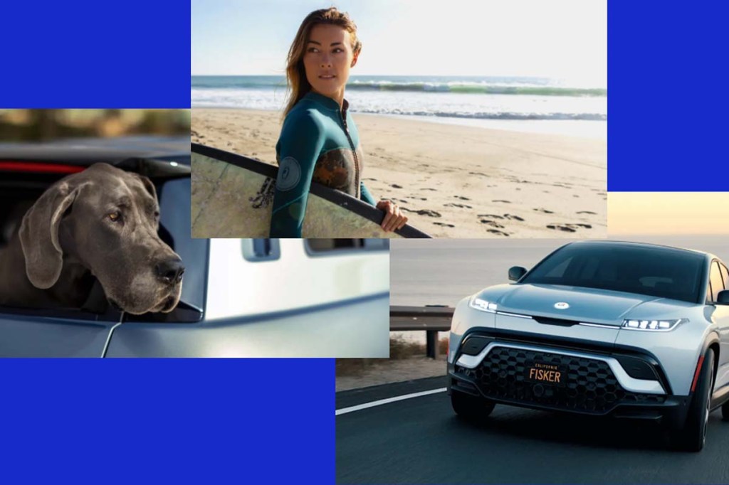 dreigeteiltes Bild: links: Hund guckt aus Fenster des E-SUVs Fiskar Ocean, mitte: Frau mit Surfbrett, rechts,: E-SUV fährt über eine Straße
