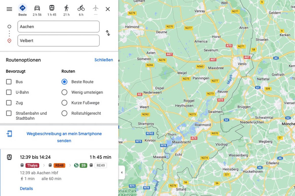 Google Maps Routen-Anzeige von Aachen nach Velbert